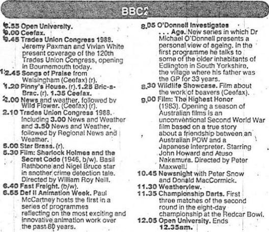 A television schedule for 5 September 1988 for BBC Two.