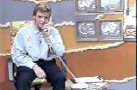 CITV presenter Mark Grainger on the telephone in 1988.