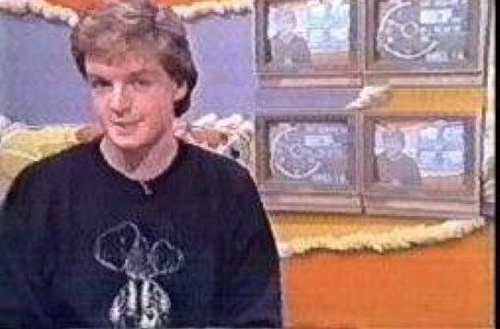 CITV presenter Mark Granger wearing a Knightmare sweatshirt.