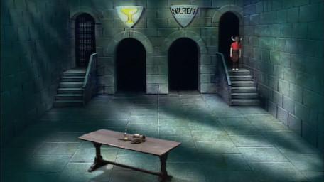 A variant of the Level 3 clue room, based on a handpainted scene by David Rowe, as shown on Series 1 of Knightmare (1987).