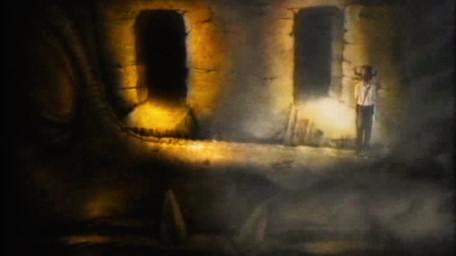 A variant of the dragon room, based on a handpainted scene by David Rowe, as shown on Series 2 of Knightmare (1988).