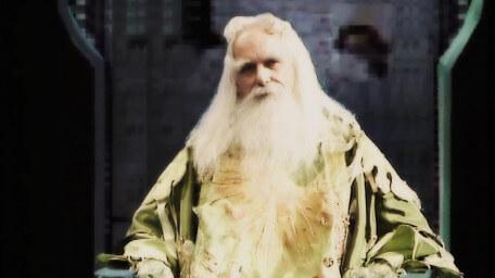 Merlin the Magician, played by John Woodnutt, as seen in Series 1 of Knightmare (1987).