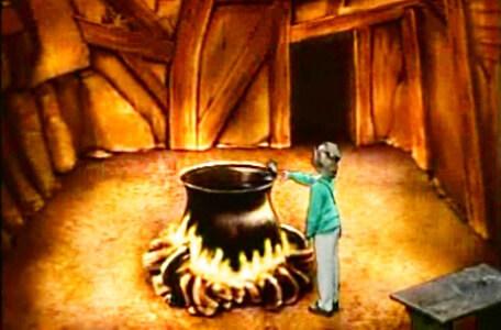 Knightmare Series 2 Team 9. Jamie puts a bag of money into Mildread's cauldron to form a well.