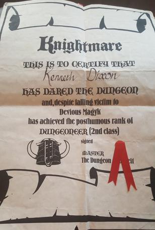 Knightmare Series 2, Team 3. Kenneth Dixon's certificate.