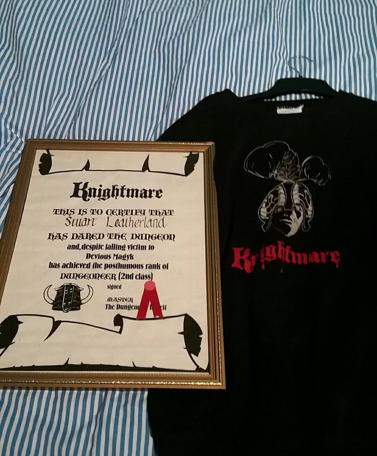 Knightmare Series 2 Team 8. Stuart Leatherland's certificate with a black Knightmare sweater.