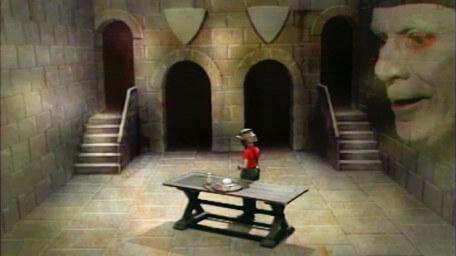 A variant of the Level 3 clue room, based on a handpainted scene by David Rowe, as shown on Series 3 of Knightmare (1989).