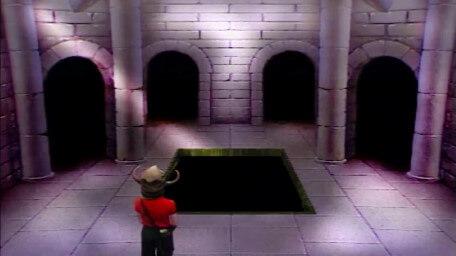 A variant of the 'Door Option Room', based on a handpainted scene by David Rowe, as shown on Series 3 of Knightmare (1989).