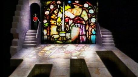 The Stained Glass Window, based on a handpainted scene by David Rowe, as shown on Series 3 of Knightmare (1989).