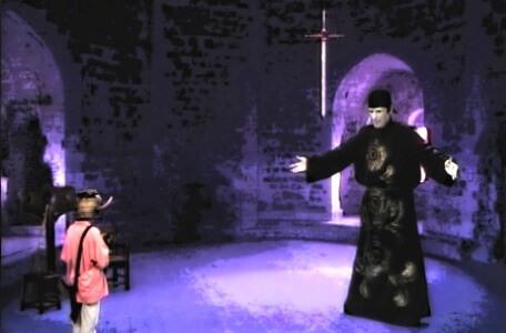 Knightmare Series 4 Team 1. Mogdred brings down a sword to end Helen's quest.