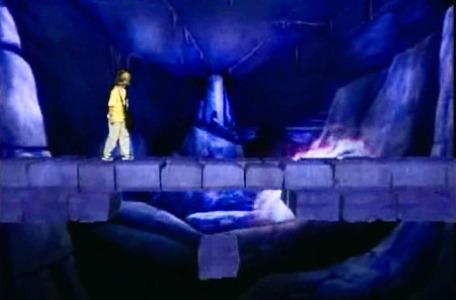 Knightmare Series 4 Quest 8. Giles runs across the bridge as it collapses.