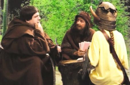 Knightmare Series 5 Team 1. Brother Mace is playing cards with a beggar, Sylvester Hands.