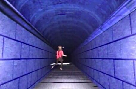 Knightmare Series 5 Team 3. Sarah runs down the Corridor of Blades, straight into an advancing blade.