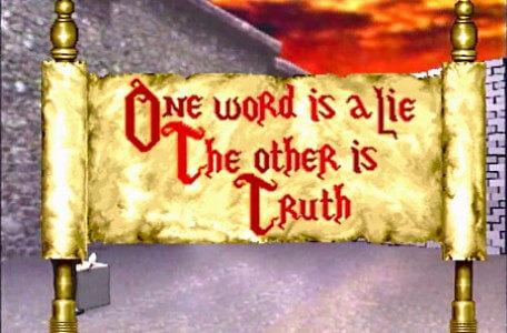 Knightmare Series 5 Team 3. A scroll reads: 'One word is a lie. The other is truth.'