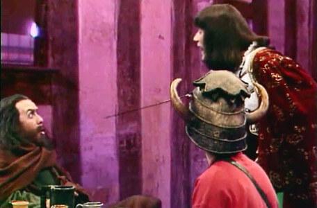 Knightmare Series 6 Team 3. Sly Hands recoils in fright as Ridolfo pokes his sabre at him.
