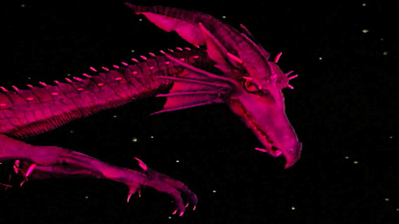 Series 6, End of Series. Lord Fear's red dragon in flight to attack Knightmare Castle.