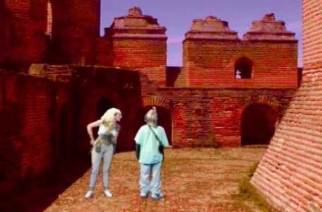 Knightmare Series 7 Team 1. Romahna argues with the dungeoneer in a courtyard.