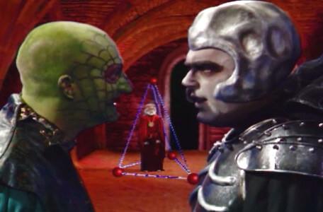 Knightmare Series 7 Team 3. Lord Fear and Lissard converse in the foreground, with a trapped Hordriss in the background.