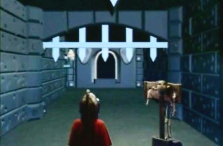 Knightmare Series 7 Team 3. A skeleton is stood in the pillory in a corridor of Goth.