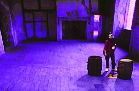 Knightmare Series 7 Team 5. Ben moves a barrel to reveal a letter D.