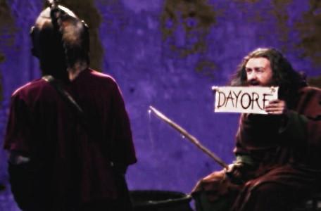 Knightmare Series 7 Team 5. Sylvester Hands holds a sign saying 'Dayorf'.