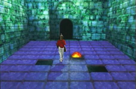 Knightmare Series 8 Team 2. Daniel strides through a tiled chamber as fireballs fire down around him.
