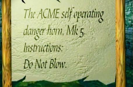 Knightmare Series 8 Team 2. A Level 1 scroll reads: The ACME self operating danger horn, Mk 5. Instructions: Do Not Blow.