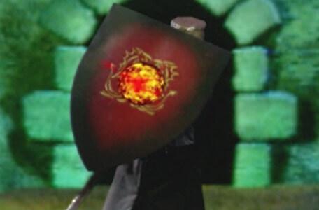 Knightmare Series 8 Team 6. The palladin holds up his shield to deflect Lord Fear's fireballs.